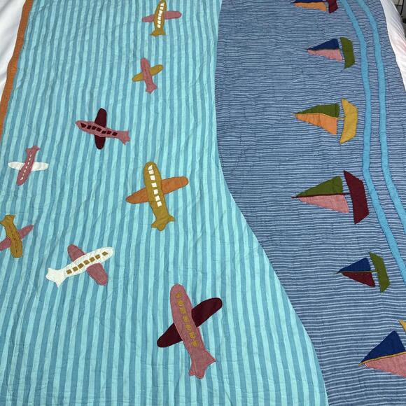 Vintage Company Kids Twin Size Quilt Trains Planes Dump Trucks Sail Boats Unique - Picture 5 of 10